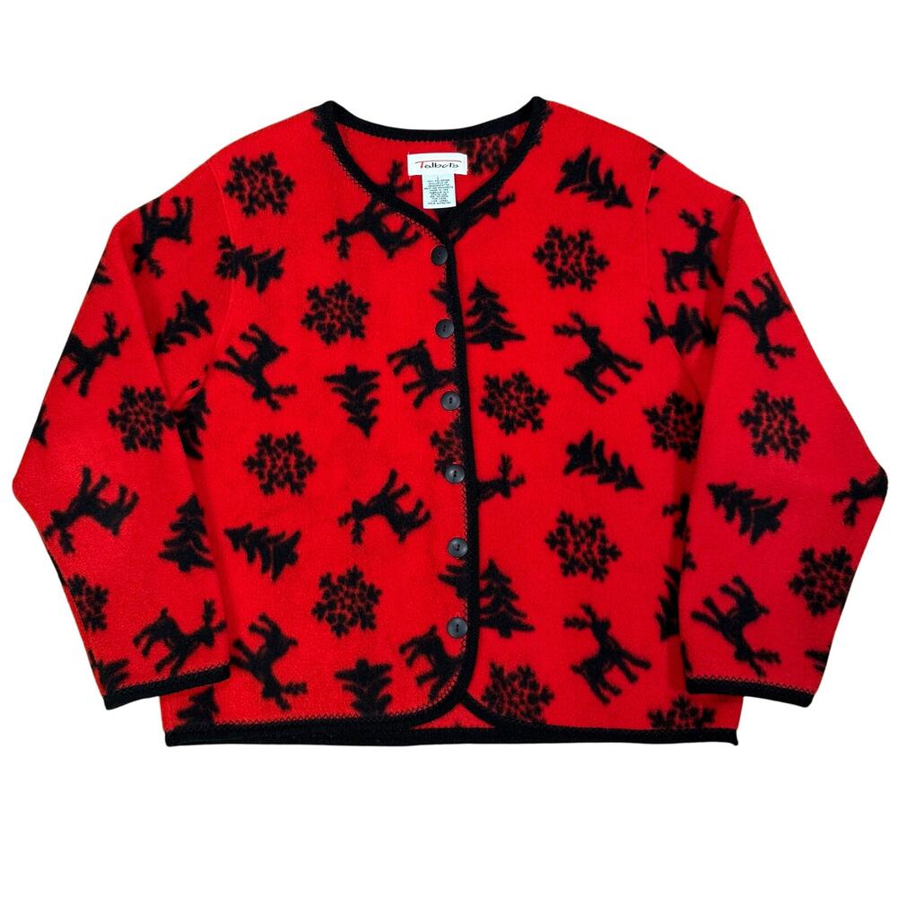 Talbots Red Fleece Cardigan Jacket Reindeer Snowflake Holiday Christmas Womens L